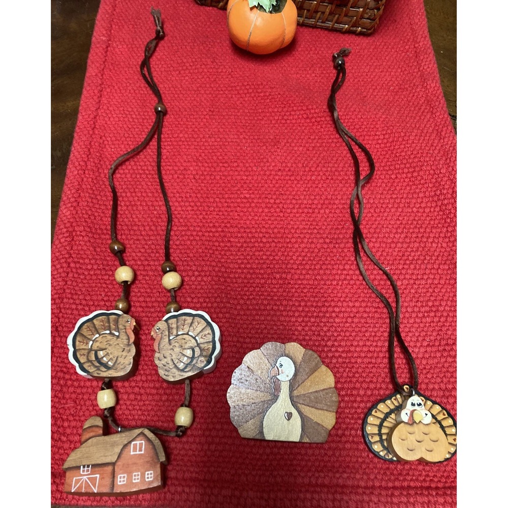 Vtg Chunky Wood Turkey Pin Necklaces Barn Retro Lot Of 2 Necklaces 1 Pin